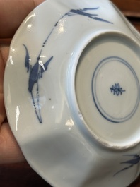A set of six Chinese blue and white flower-shaped 'sanduo' cups and saucers, lingzhi mark, Kangxi