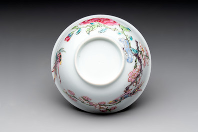 A set of six Chinese famille rose 'birds among flowering branches' cups and saucers, Yongzheng/Qianlong