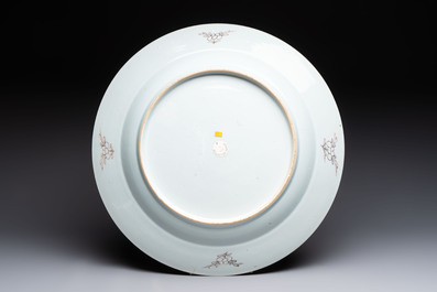 A large Chinese famille rose bianco-sopra-bianco 'peonies' dish, Yongzheng