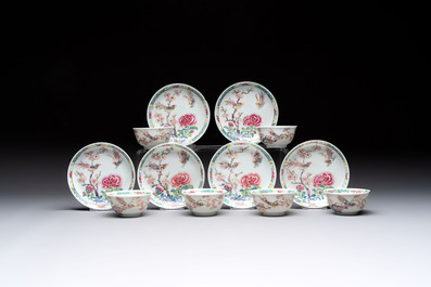 A set of six Chinese famille rose 'birds among flowering branches' cups and saucers, Yongzheng/Qianlong