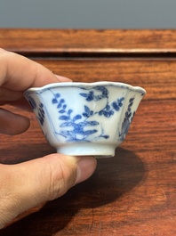 A set of six Chinese blue and white flower-shaped 'sanduo' cups and saucers, lingzhi mark, Kangxi