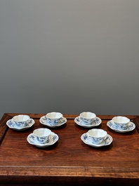 A set of six Chinese blue and white flower-shaped 'sanduo' cups and saucers, lingzhi mark, Kangxi