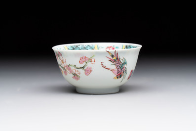 A set of six Chinese famille rose 'birds among flowering branches' cups and saucers, Yongzheng/Qianlong