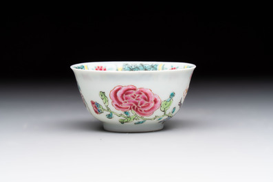 A set of six Chinese famille rose 'birds among flowering branches' cups and saucers, Yongzheng/Qianlong
