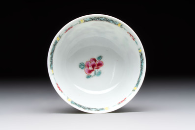 A set of six Chinese famille rose 'birds among flowering branches' cups and saucers, Yongzheng/Qianlong