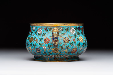 A Chinese gilt-bronze cloisonn&eacute; censer with floral design, double vajra mark, 19/20th C.