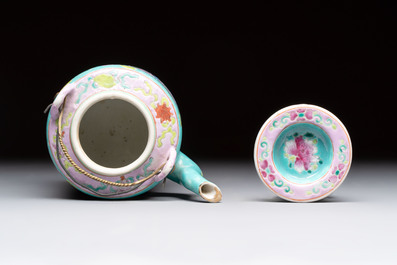 A Chinese famille rose turquoise-ground teapot for the Straits or Peranakan market, Zhong Hua Min Guo 中華民國 mark, Republic.