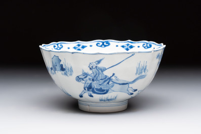 A Chinese blue and white 'Mongolian hunting scene' bowl, Chenghua mark, Kangxi