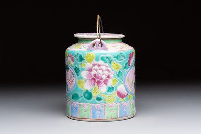 A Chinese famille rose turquoise-ground teapot for the Straits or Peranakan market, Zhong Hua Min Guo 中華民國 mark, Republic.