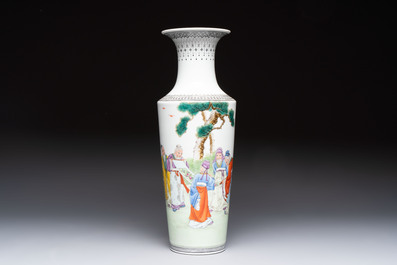 A Chinese famille rose 'Sanxing' vase, Qianlong mark, 20th C.