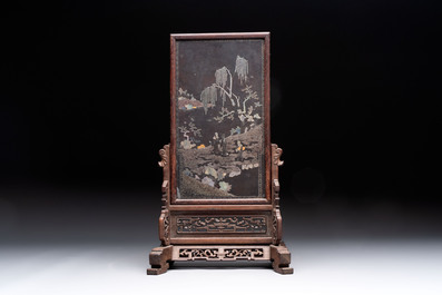 A Chinese laque burgaut&eacute; and hongmu table screen, Qing