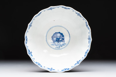 A Chinese blue and white 'Mongolian hunting scene' bowl, Chenghua mark, Kangxi