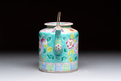A Chinese famille rose turquoise-ground teapot for the Straits or Peranakan market, Zhong Hua Min Guo 中華民國 mark, Republic.