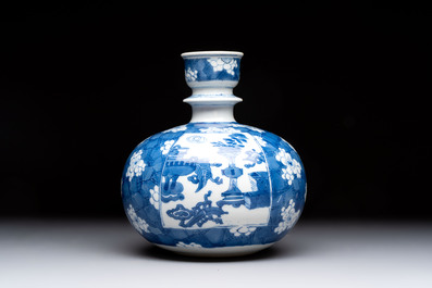 A Chinese blue and white 'antiquities' hookah base, Kangxi