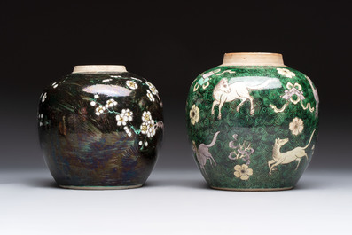 A Chinese famille noire 'prunus blossom' jar and a famille verte 'flying horses' jar, 19th C.