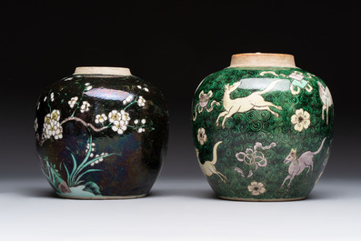 A Chinese famille noire 'prunus blossom' jar and a famille verte 'flying horses' jar, 19th C.
