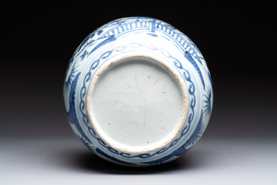 A fine Chinese blue and white jar with two cranes in a garden, Wanli