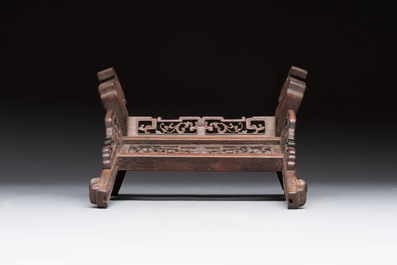 A Chinese laque burgaut&eacute; and hongmu table screen, Qing
