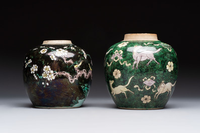 A Chinese famille noire 'prunus blossom' jar and a famille verte 'flying horses' jar, 19th C.