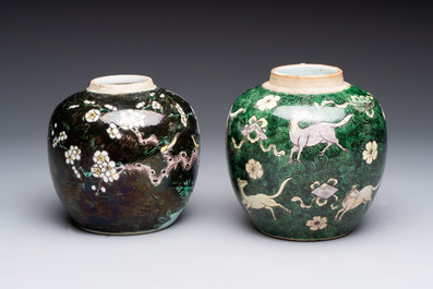 A Chinese famille noire 'prunus blossom' jar and a famille verte 'flying horses' jar, 19th C.