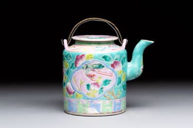 A Chinese famille rose turquoise-ground teapot for the Straits or Peranakan market, Zhong Hua Min Guo 中華民國 mark, Republic.