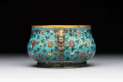 A Chinese gilt-bronze cloisonn&eacute; censer with floral design, double vajra mark, 19/20th C.