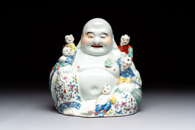A Chinese famille rose Milefo Buddha, a famille verte jar, and a conical bowl, Zhu Mao Ji 朱茂記造 mark, 19/20th C.