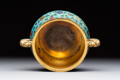A Chinese gilt-bronze cloisonn&eacute; censer with floral design, double vajra mark, 19/20th C.
