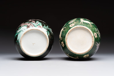 A Chinese famille noire 'prunus blossom' jar and a famille verte 'flying horses' jar, 19th C.