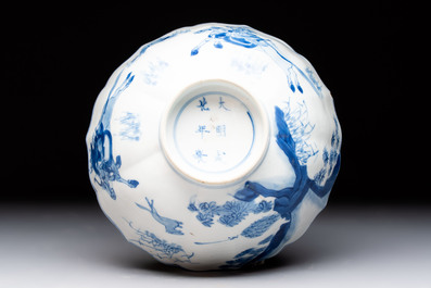 A Chinese blue and white 'Mongolian hunting scene' bowl, Chenghua mark, Kangxi