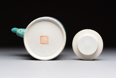 A Chinese famille rose turquoise-ground teapot for the Straits or Peranakan market, Zhong Hua Min Guo 中華民國 mark, Republic.