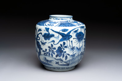 A fine Chinese blue and white jar with two cranes in a garden, Wanli