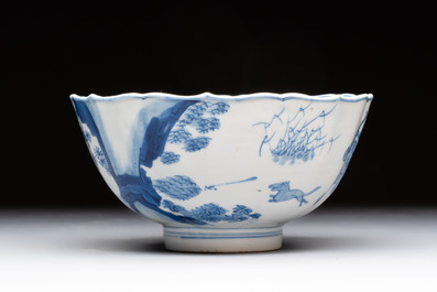 A Chinese blue and white 'Mongolian hunting scene' bowl, Chenghua mark, Kangxi