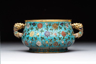 A Chinese gilt-bronze cloisonn&eacute; censer with floral design, double vajra mark, 19/20th C.
