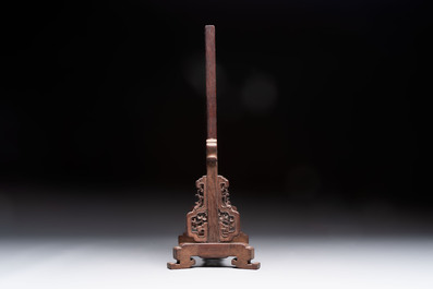A Chinese laque burgaut&eacute; and hongmu table screen, Qing
