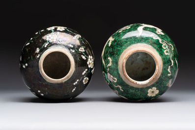 A Chinese famille noire 'prunus blossom' jar and a famille verte 'flying horses' jar, 19th C.