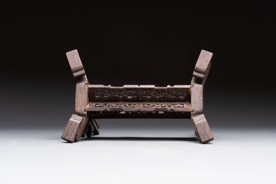 A Chinese laque burgaut&eacute; and hongmu table screen, Qing