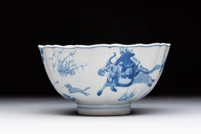 A Chinese blue and white 'Mongolian hunting scene' bowl, Chenghua mark, Kangxi
