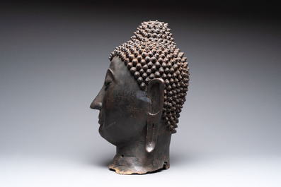 A large Thai bronze Buddha head, Sukhothai period, 15th C.