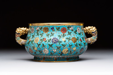 A Chinese gilt-bronze cloisonn&eacute; censer with floral design, double vajra mark, 19/20th C.