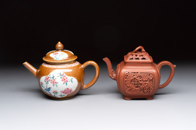 A Chinese famille rose capucin-brown-ground teapot and a Yixing stoneware teapot, Kangxi/Qianlong