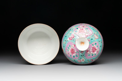 A Chinese famille rose turquoise-ground 'chupu' bowl and cover for the Straits or Peranakan market, 19th C.