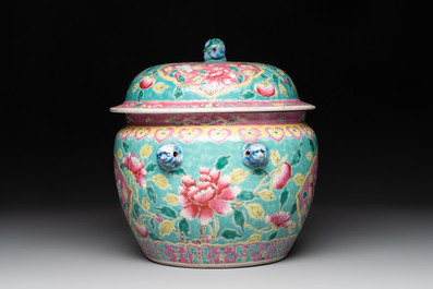 A Chinese famille rose turquoise-ground 'kamcheng' bowl and cover for the Straits or Peranakan market, 19th C.