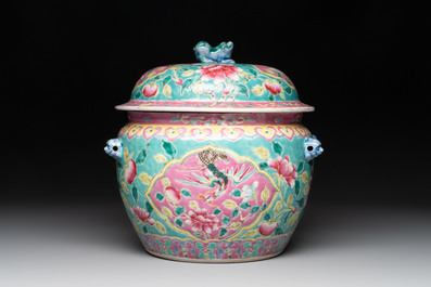 A Chinese famille rose turquoise-ground 'kamcheng' bowl and cover for the Straits or Peranakan market, 19th C.