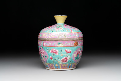 A Chinese famille rose turquoise-ground 'chupu' bowl and cover for the Straits or Peranakan market, 19th C.