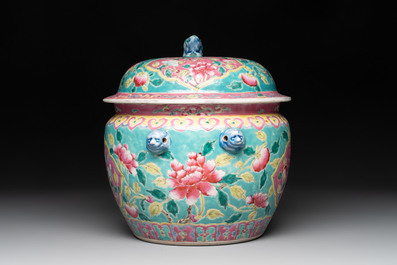 A Chinese famille rose turquoise-ground 'kamcheng' bowl and cover for the Straits or Peranakan market, 19th C.