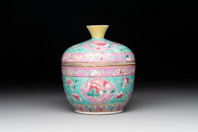 A Chinese famille rose turquoise-ground 'chupu' bowl and cover for the Straits or Peranakan market, 19th C.