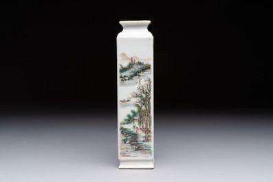 A Chinese famille rose 'landscape and calligraphy' square vase, Shen De Tang Zhi 慎德堂製 mark, Republic
