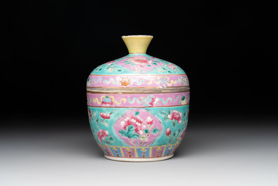 A Chinese famille rose turquoise-ground 'chupu' bowl and cover for the Straits or Peranakan market, 19th C.