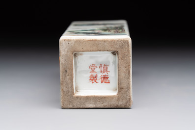 A Chinese famille rose 'landscape and calligraphy' square vase, Shen De Tang Zhi 慎德堂製 mark, Republic